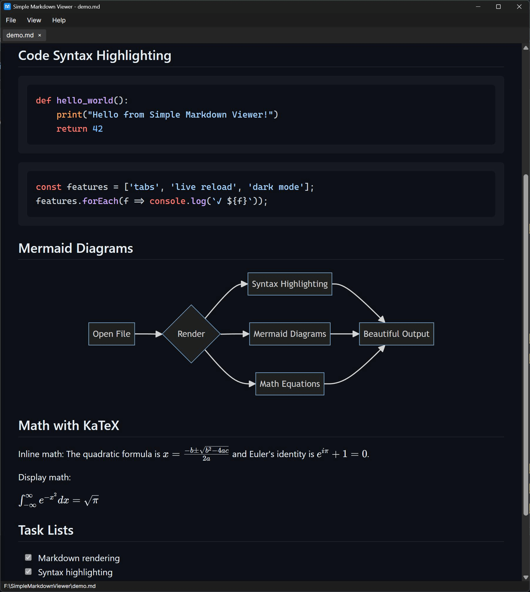 Simple Markdown Viewer in dark mode showing highlighted Python and JavaScript, a Mermaid flowchart, and KaTeX equations.